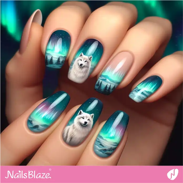 Northern Light Across the Polar Sky with Wolves on Nails | Polar Wonders Nails - NB3164